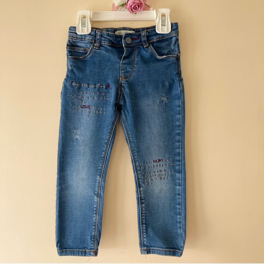 Zara Toddler Girls Heart Embroidery Jeans - Medium Wash Denim, Size 2/3 yrs